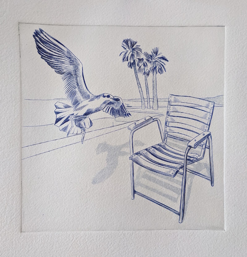 La chaise bleue, envol, Taille-douce