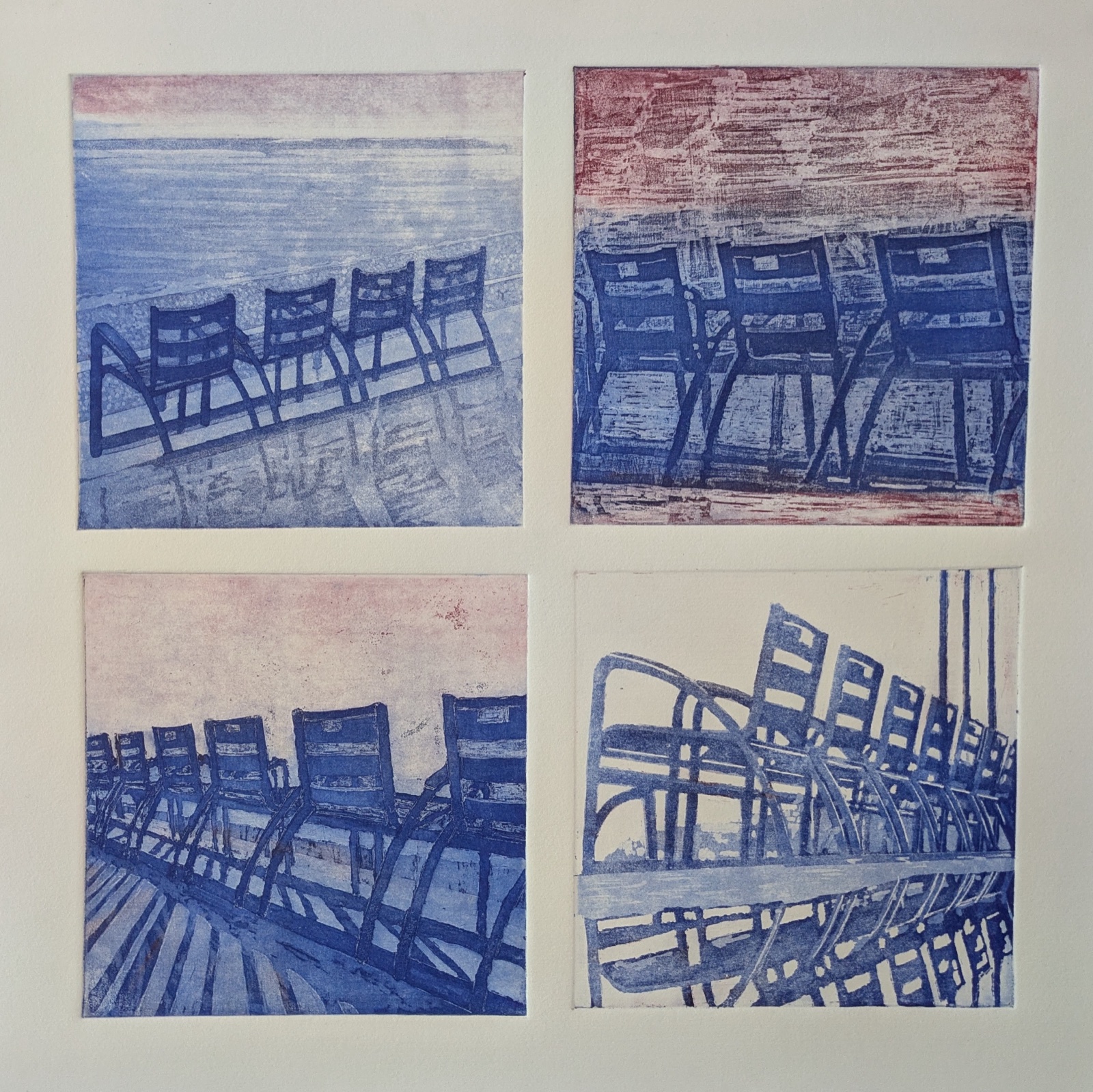 Chaises bleues, quatre gravures, Taille-douce