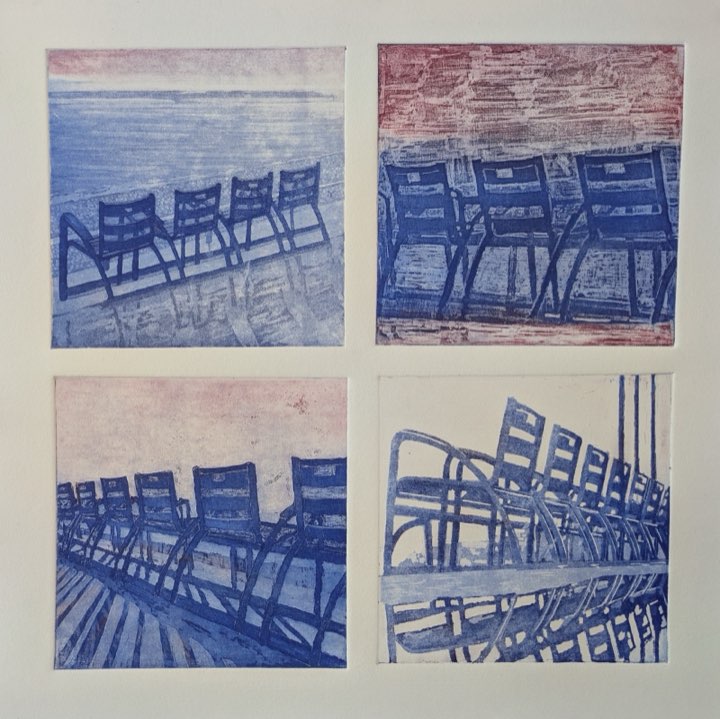 Chaises bleues, quatre gravures, Taille-douce